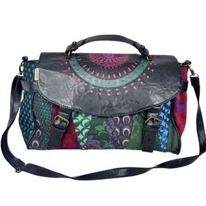 Desigual Colourful Patchwork Pattern & Brown Faux Leather Satchel Messenger Bag